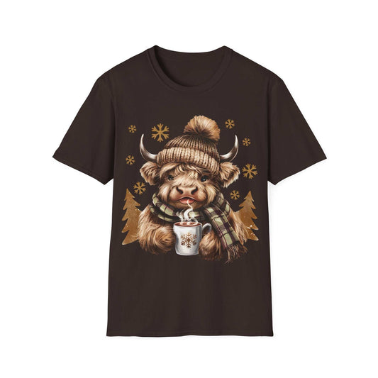 Black t-shirt featuring Highland Cow wearing winter hat and scarf with hot chocolate mug design