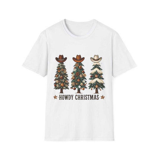 White Howdy Christmas Cowboy Tree T-Shirt with three decorated Christmas trees wearing cowboy hats and "Howdy Christmas" text.