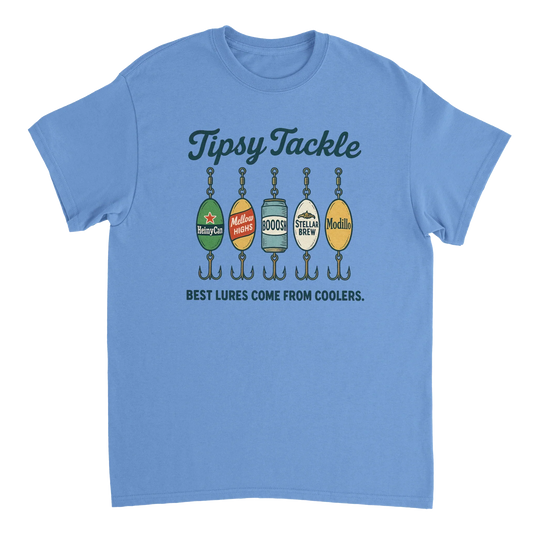 Light blue Tipsy Tackle T-Shirt with humorous fishing lure design and slogan "Best lures come from coolers"