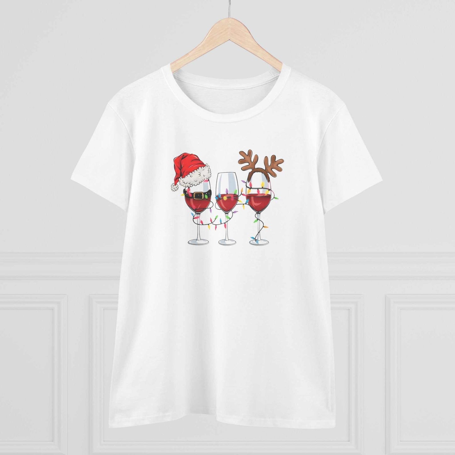 White t-shirt featuring three wine glasses decorated with Christmas lights, Santa hat, and reindeer antlers design.