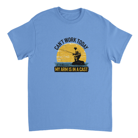 Light blue Funny Fishing T-Shirt with "Can't Work Today, My Arm is in a Cast" slogan and fishing graphic