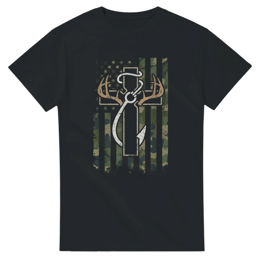 Black Patriotic Hunting Fishing Faith T-Shirt with camo American flag and hunting tool graphic design