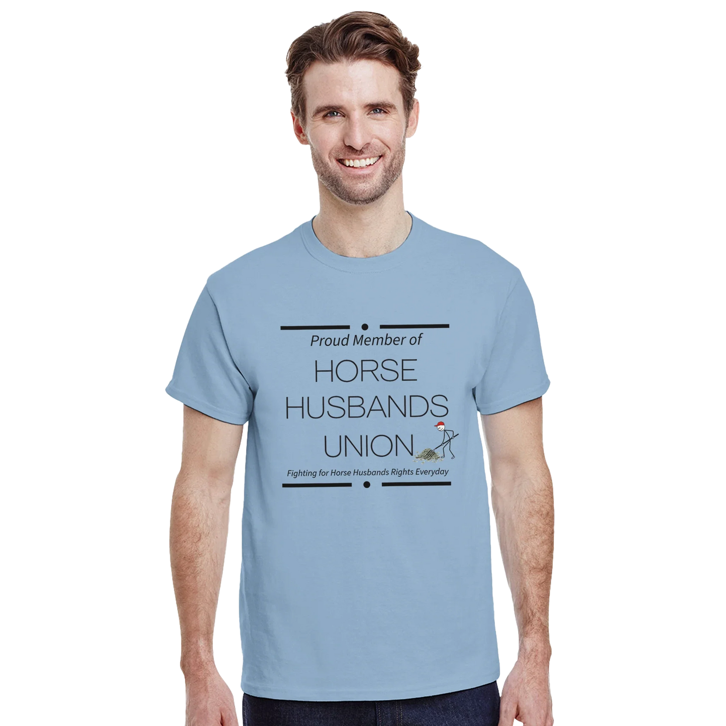 Man wearing light blue Horse Husbands Union t-shirt with humorous text and graphic of man shoveling money