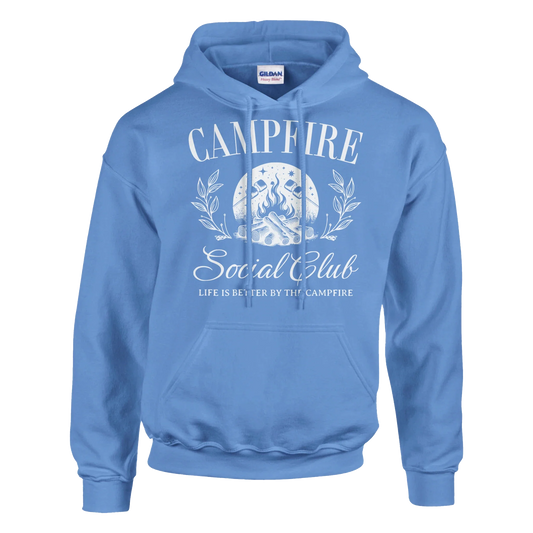 Campfire Social Club cozy blue hoodie with campfire graphic and front pocket