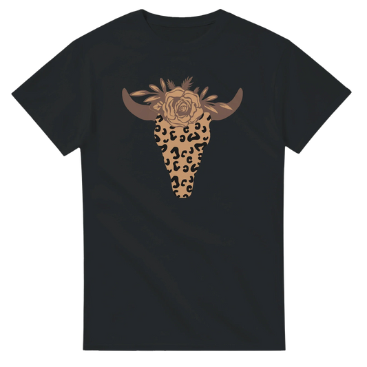Black heavyweight cotton t-shirt with leopard print steer skull and floral design on front