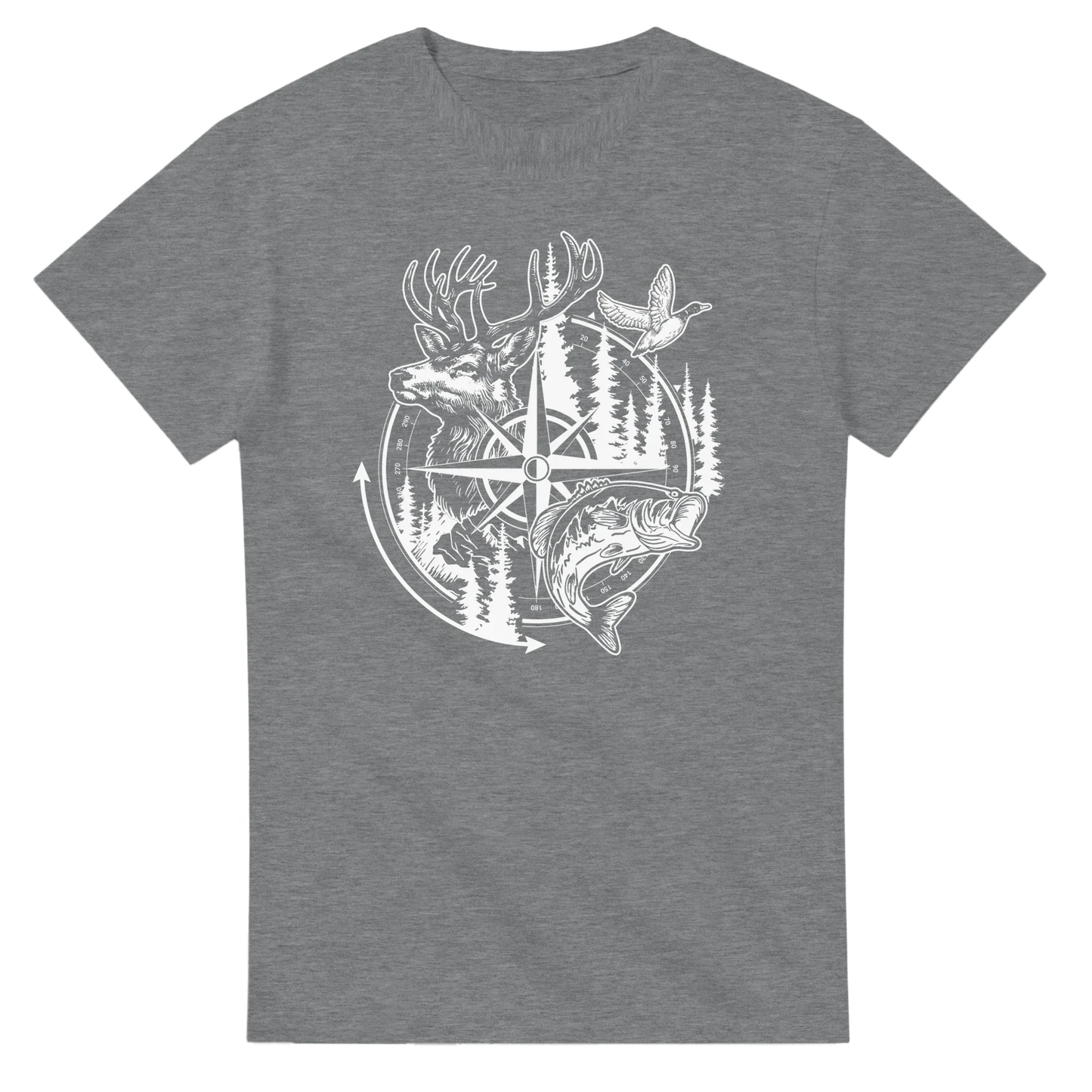 Big Buck Adventure T-Shirt with deer, bass, duck, and compass design on grey fabric