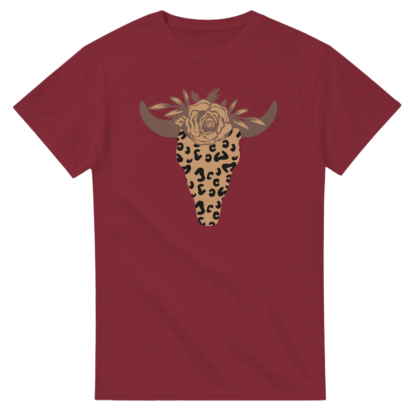 Maroon t-shirt featuring a leopard print steer skull with floral accents, heavyweight cotton, durable double-needle stitching.