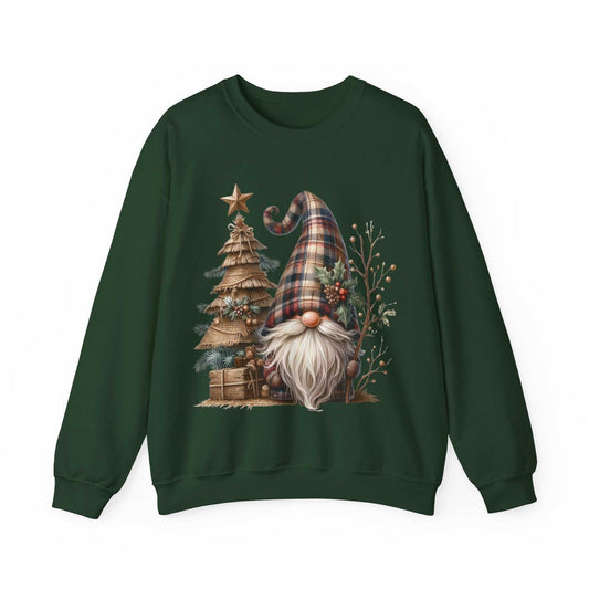 Unisex sweatshirt with rustic plaid Christmas gnome wearing plaid hat, white beard, and carrying a holly sprig beside a burlap wooden tree on dark green background