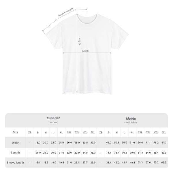 White unisex heavyweight classic fit t-shirt with "Paws and Give Thanks" autumn paw print design and sizing chart.