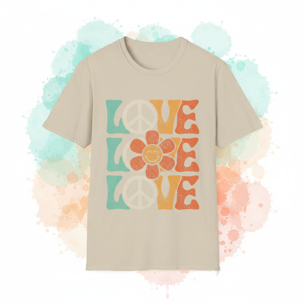 Sand | Unisex | Retro Peace and Love T-Shirt - Smiling Flower Hippie Tee