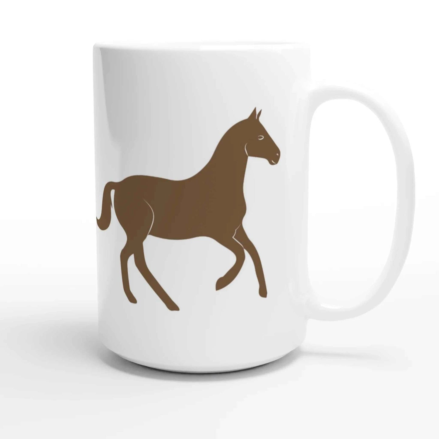 White ceramic mug with brown horse design, Sorry. Can't. Horses. Bye. slogan, 15oz, microwave and dishwasher safe