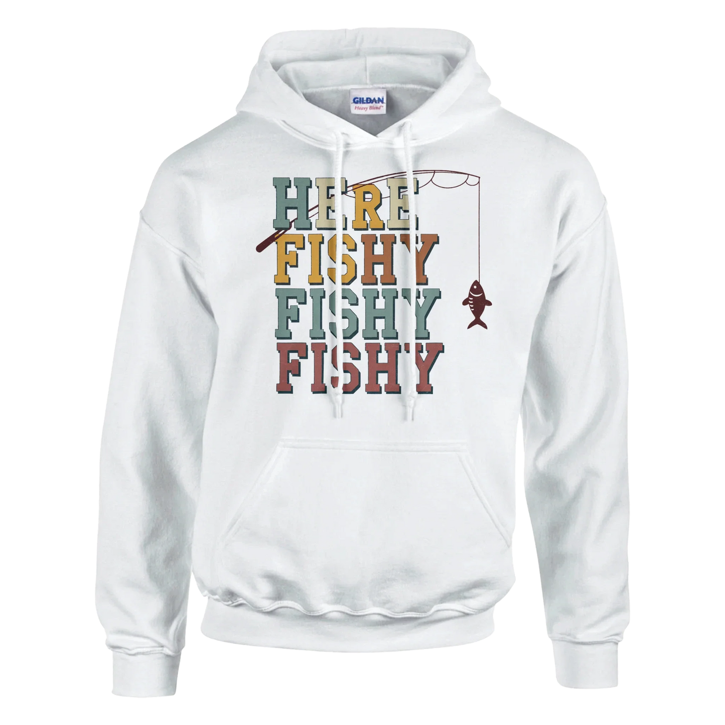 White heavy blend hoodie with "Here Fishy Fishy Fishy" text and fishing graphic on front, cotton-polyester blend.