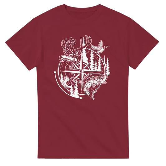Maroon Big Buck Adventure T-Shirt with deer, bass, duck, and compass design for outdoor enthusiasts