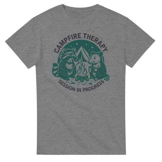 Grey Cute Campfire Therapy T-shirt with happy critter campers around campfire design