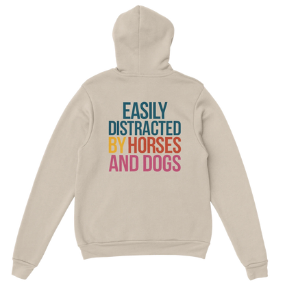 Easily Distracted hoodie with text by horses and dogs on back in multicolor letters