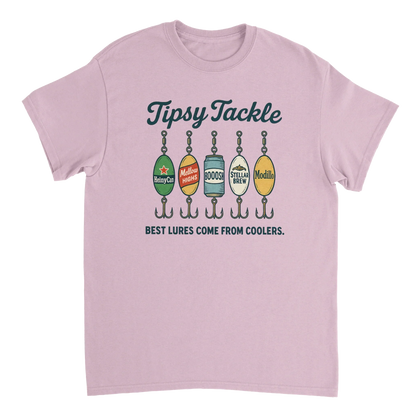 Tipsy Tackle T-Shirt with fishing lure and cooler themed design on light purple cotton tee