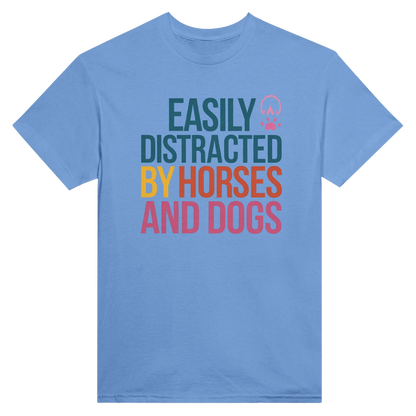 Easily Distracted By Horses and Dogs T-Shirt with colorful text design on blue cotton shirt