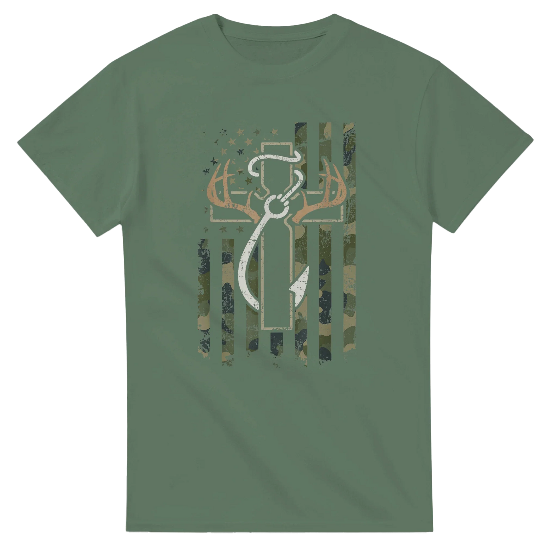 Green Patriotic Hunting Fishing Faith T-Shirt with camo American flag and deer antler design