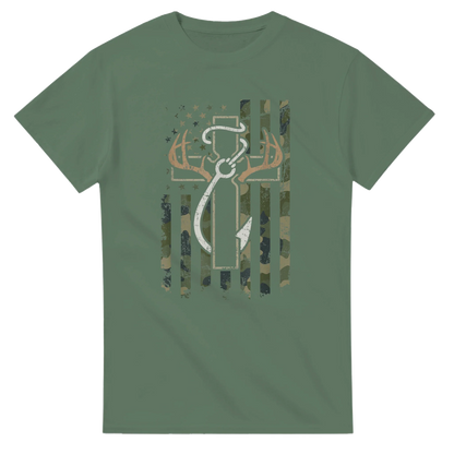 Green Patriotic Hunting Fishing Faith T-Shirt with camo American flag and deer antler design