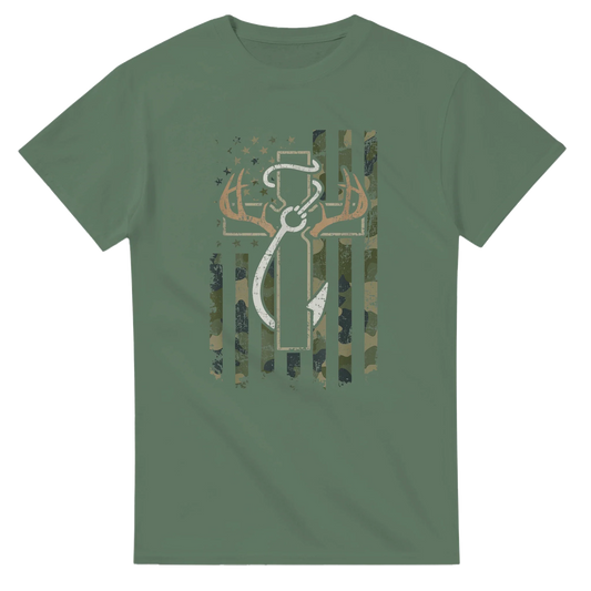 Green Patriotic Hunting Fishing Faith T-Shirt with camo American flag and deer antler design
