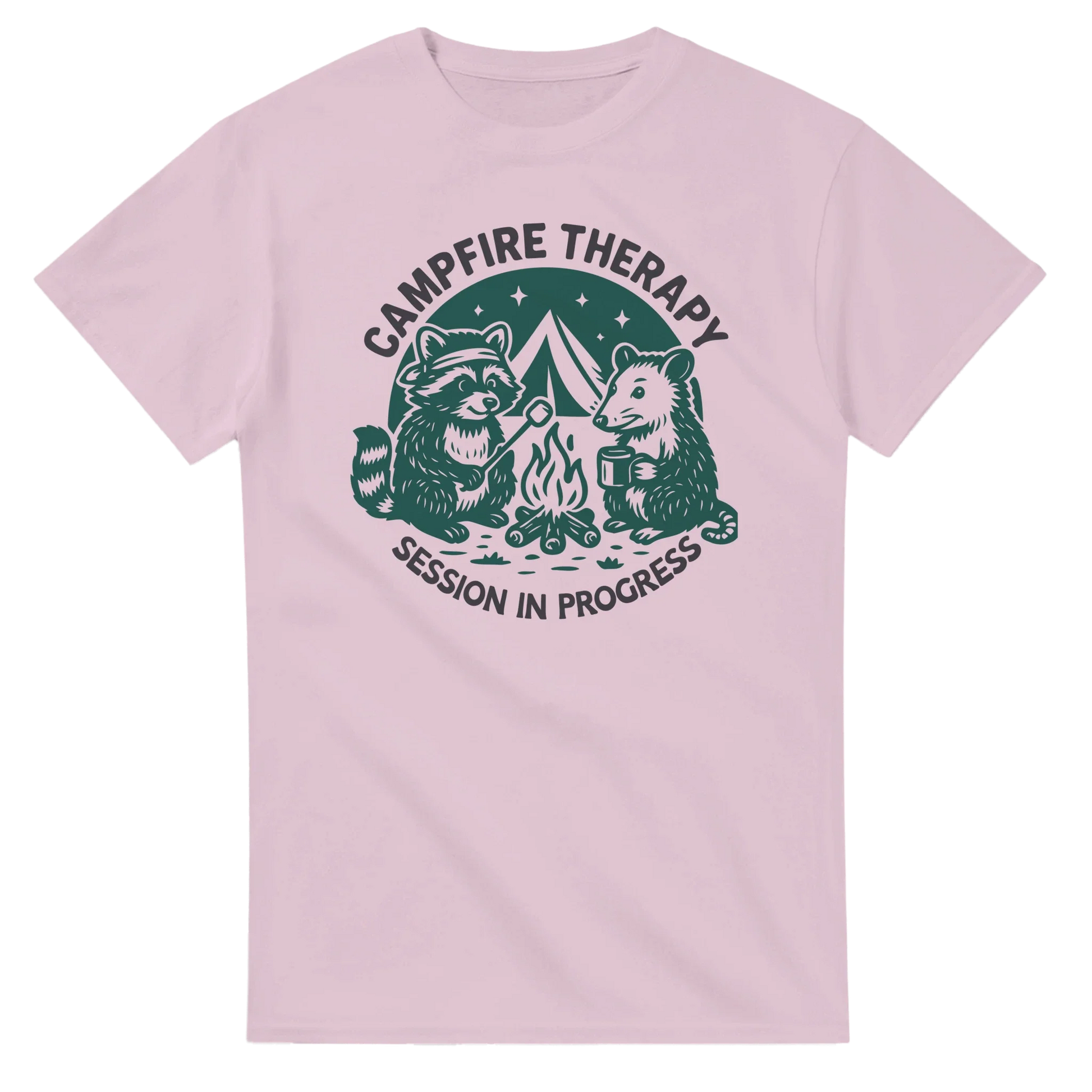 Pink Cute Campfire Therapy T-shirt with happy raccoon and bear campers illustration and "Session in Progress" text