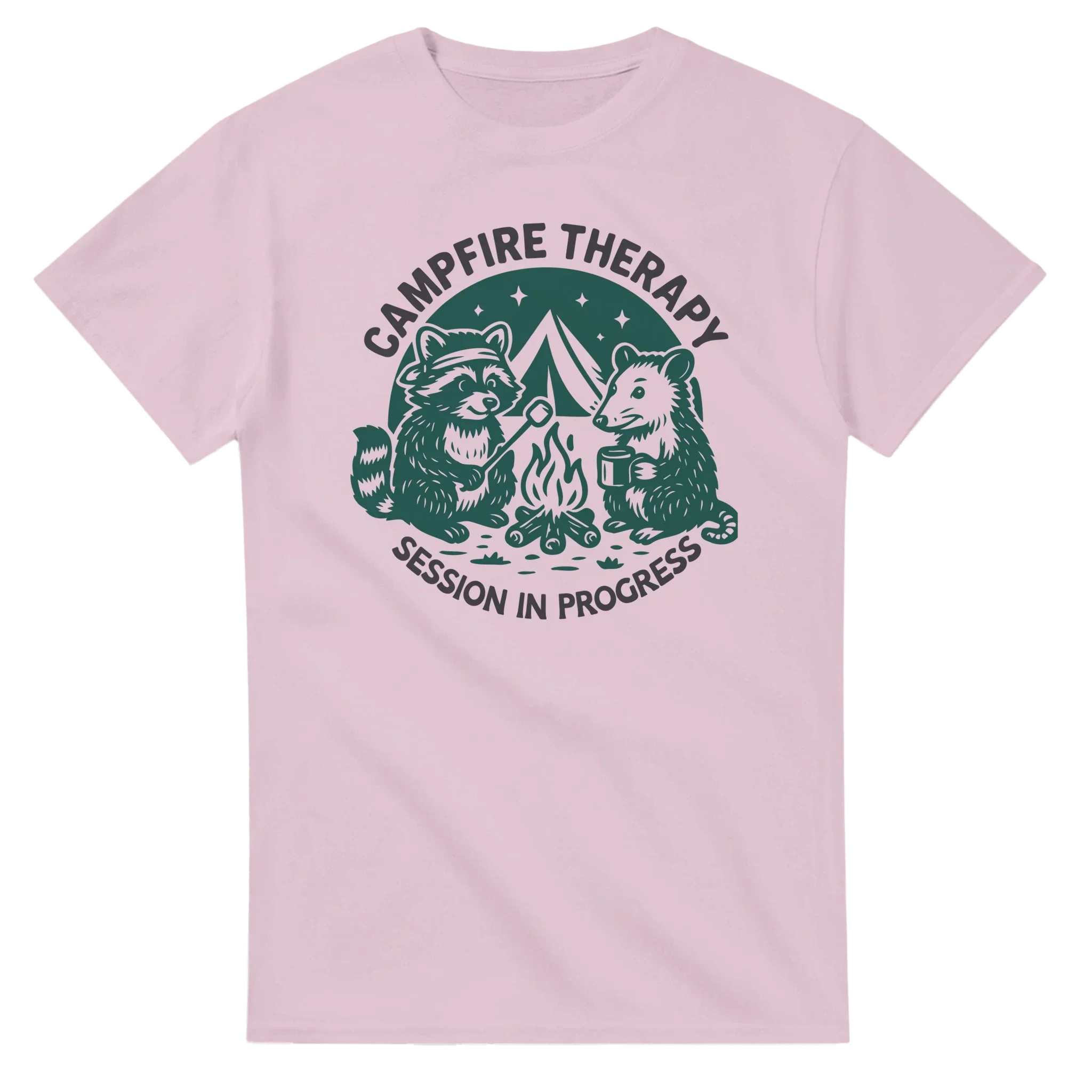 Light pink Cute Campfire Therapy T-shirt with happy raccoon and bear campers around a campfire graphic and "Session in Progress" text