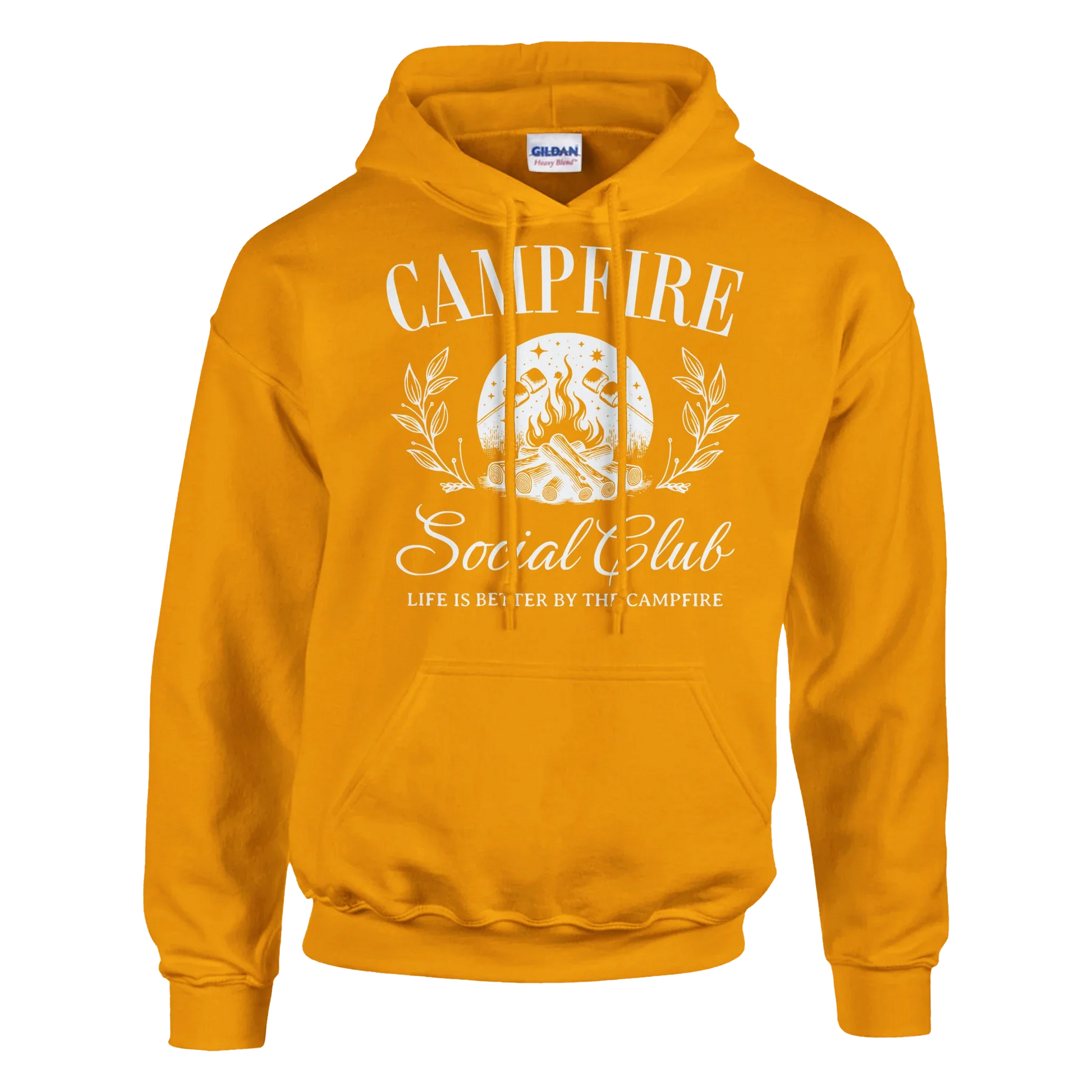 Orange Campfire Social Club hoodie with campfire graphic and text, cozy outdoor sweatshirt