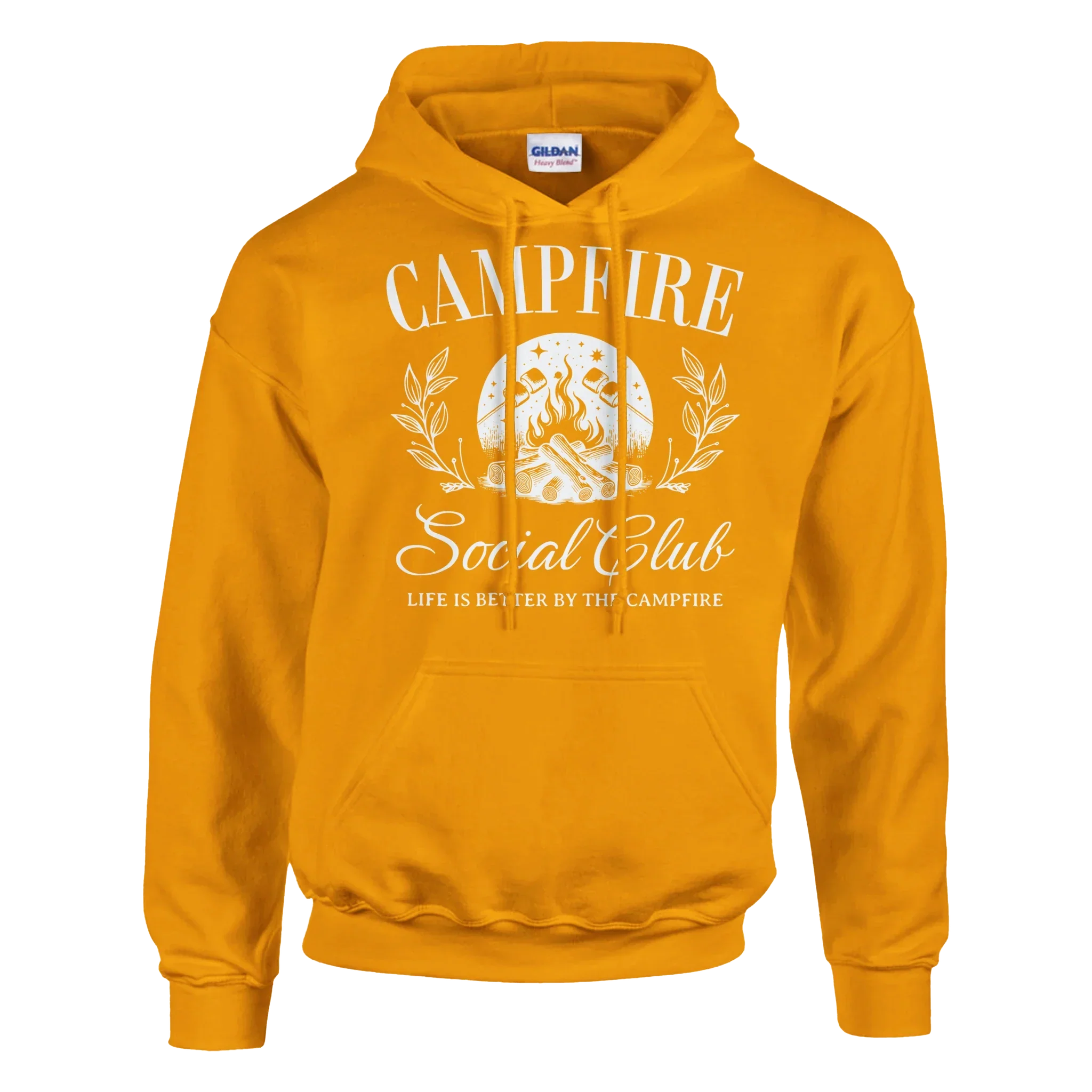 Golden yellow Campfire Social Club cozy hoodie with front pouch pocket and campfire graphic print
