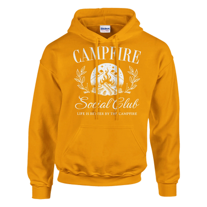 Orange Campfire Social Club hoodie with campfire graphic and text, cozy outdoor sweatshirt