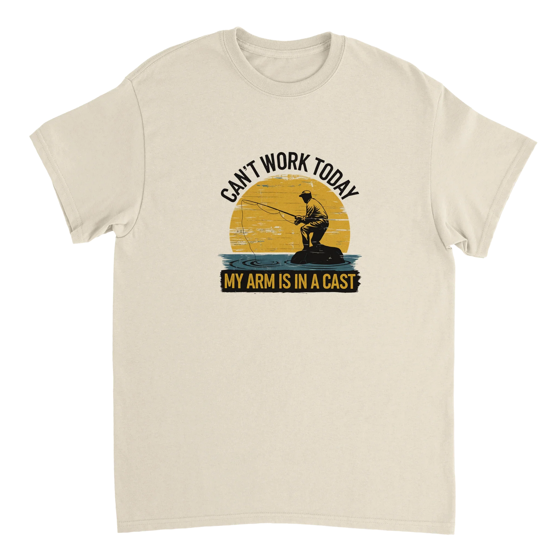 Funny Fishing T-Shirt with "Can't Work Today, My Arm is in a Cast" slogan and fishing graphic on beige cotton tee