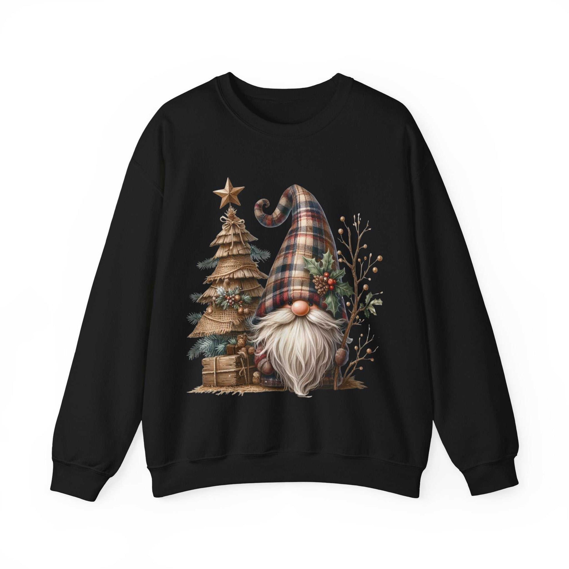 Black unisex sweatshirt with rustic plaid Christmas gnome and burlap tree design