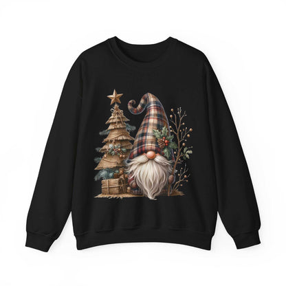 Black unisex sweatshirt with rustic plaid Christmas gnome and burlap tree design