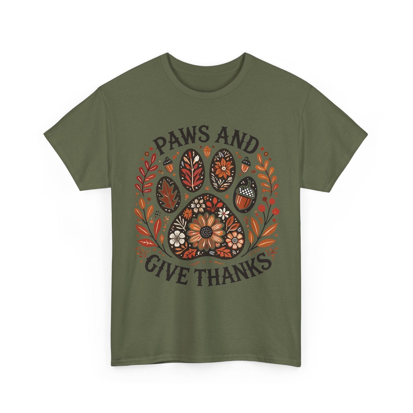 Green t-shirt with autumn-themed paw print and "Paws and Give Thanks" text design