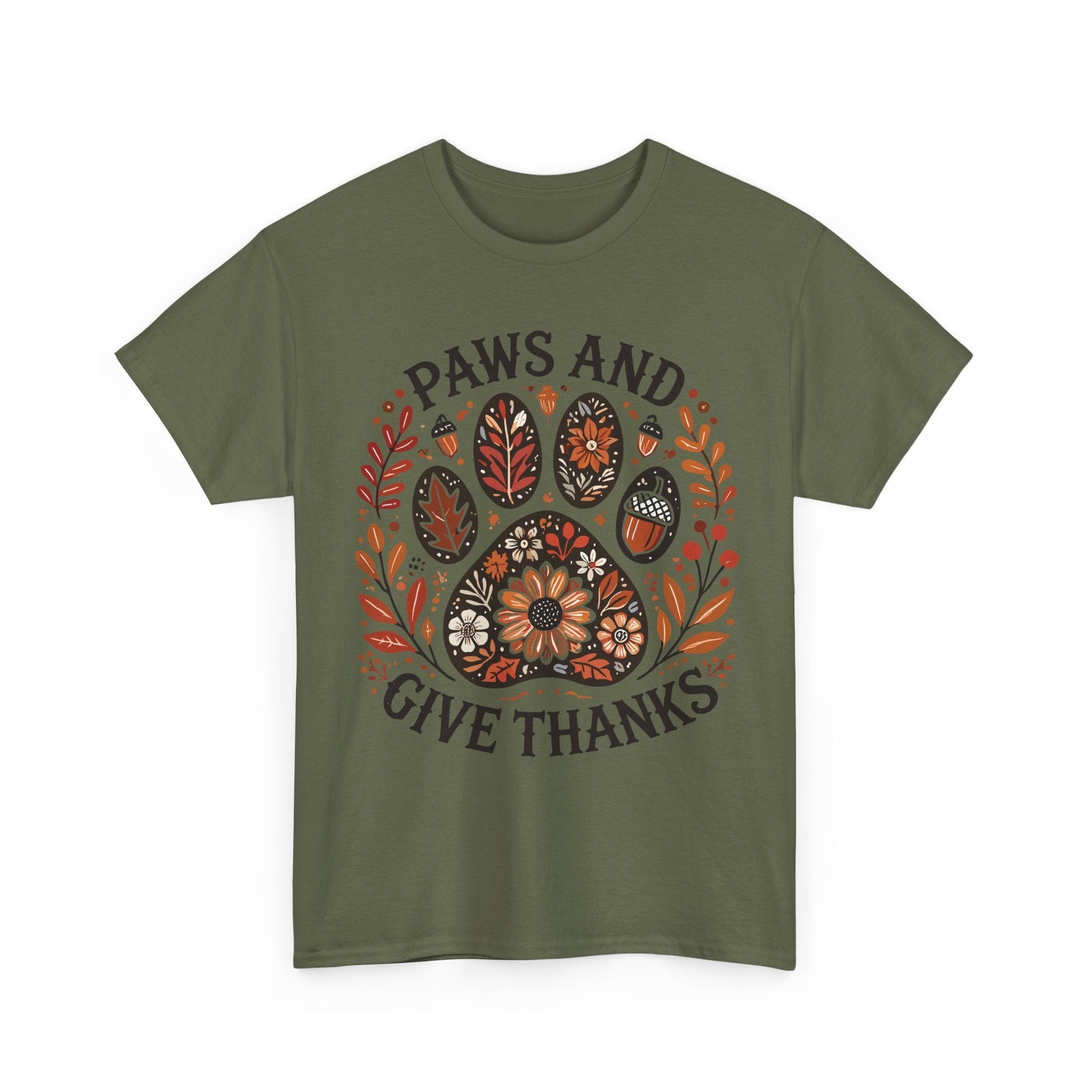 Green t-shirt with autumn-themed paw print and "Paws and Give Thanks" text design