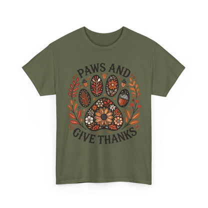 Green t-shirt with autumn-themed paw print and "Paws and Give Thanks" text design