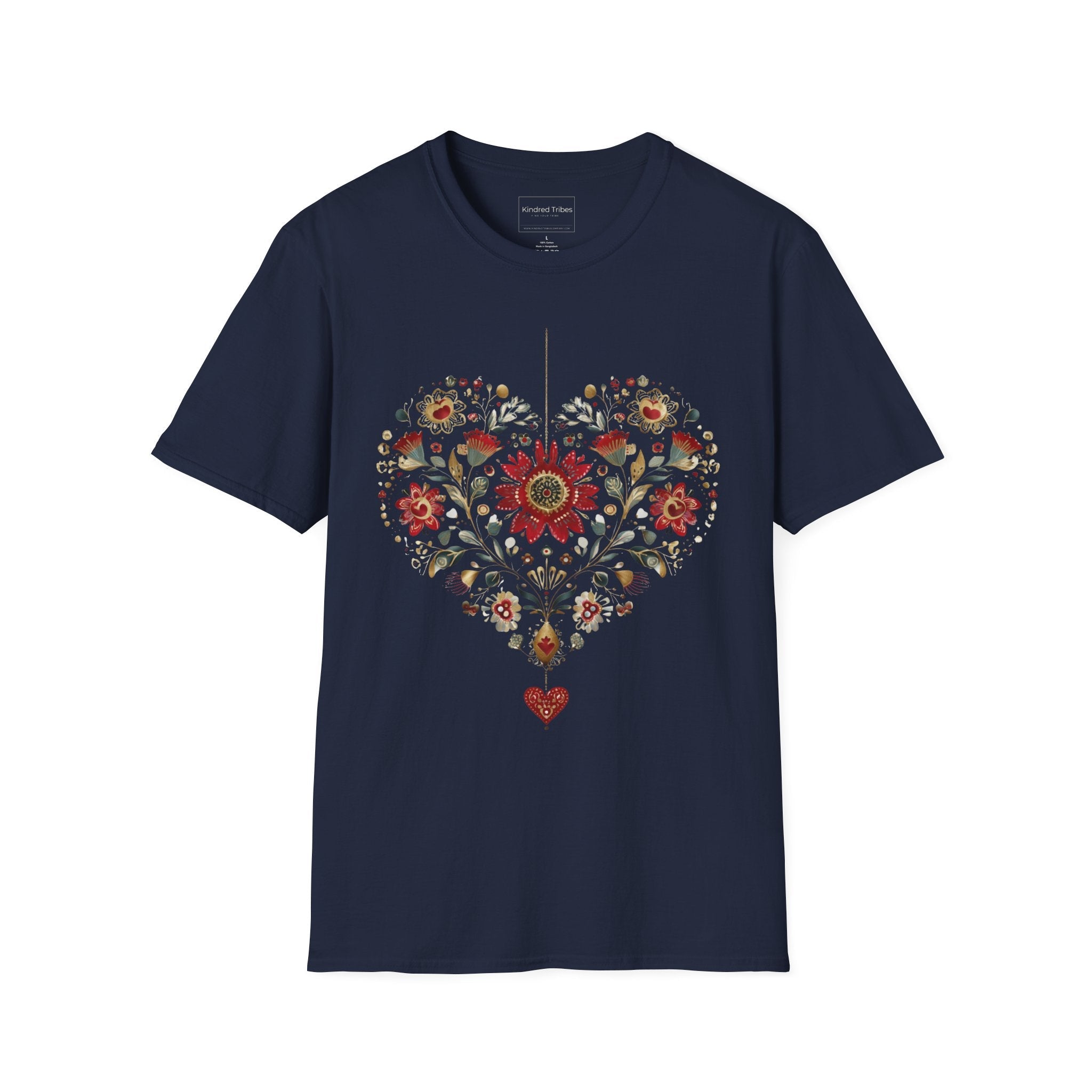 Navy Blue Heritage Heart Bloom T-Shirt features a heart shaped with beautiful crimson, sage, blue and tan folk art florals.