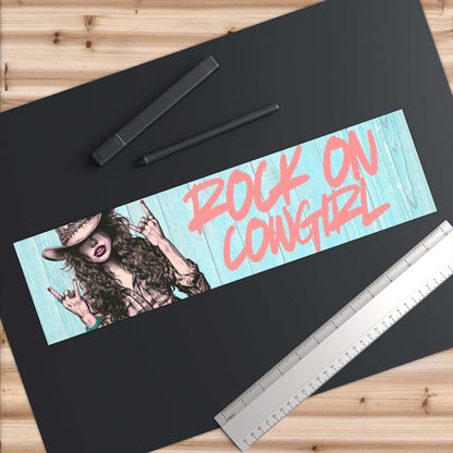 Rock On Vintage Cowgirl bumper sticker with sassy cowgirl graphic and turquoise background