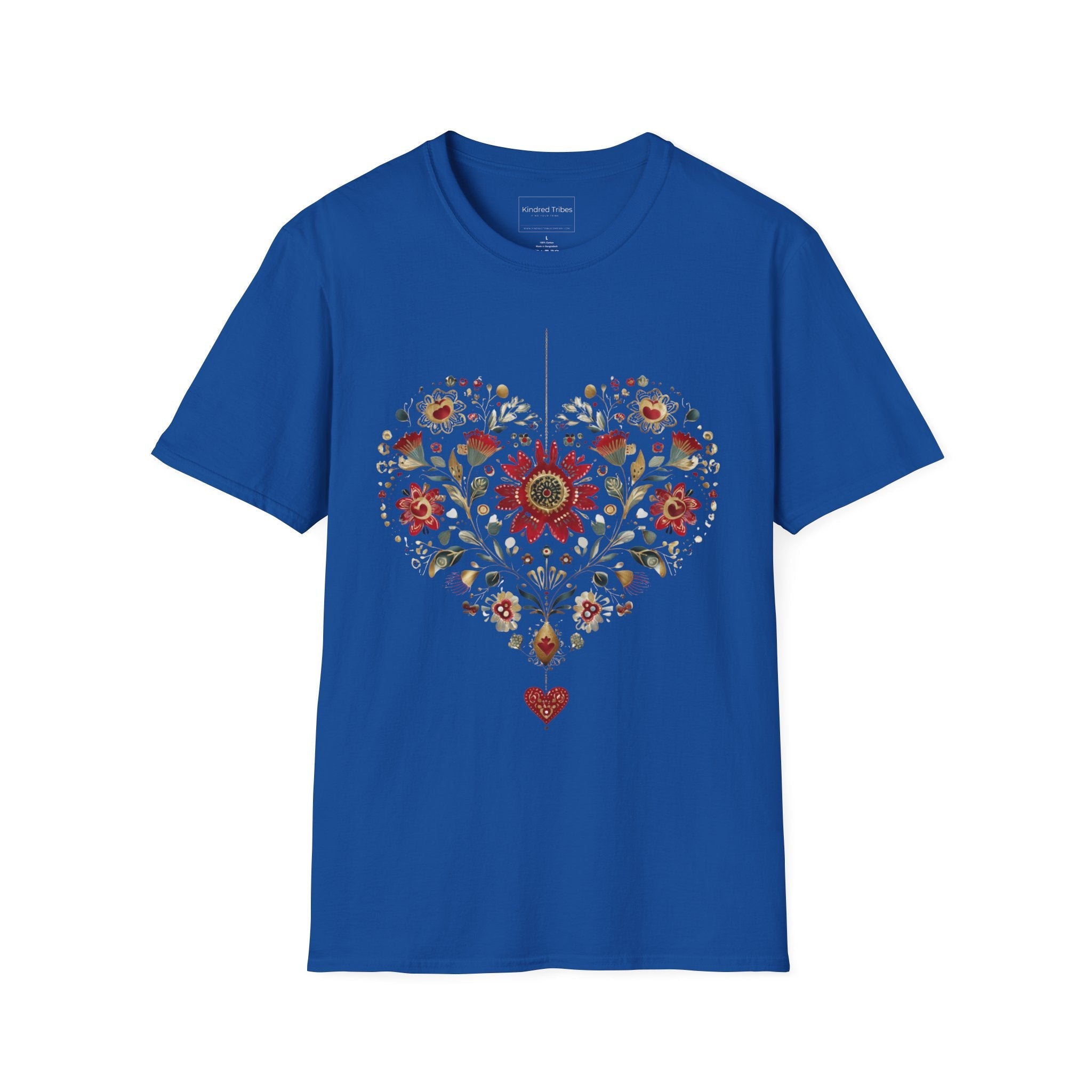Royal Blue Heritage Heart Bloom T-Shirt features a heart shaped with beautiful crimson, sage, blue and tan folk art florals.