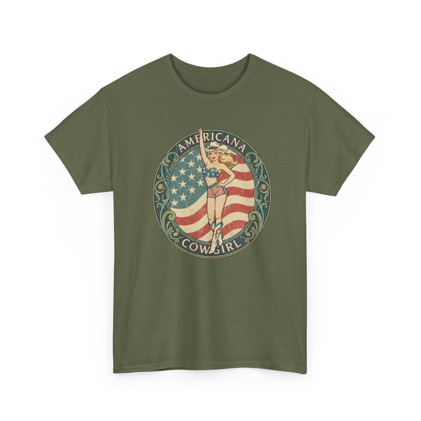 olive green t-shirt with vintage Americana cowgirl emblem featuring star-spangled flag and retro pin-up style design
