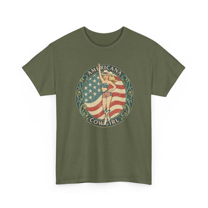 olive green t-shirt with vintage Americana cowgirl emblem featuring star-spangled flag and retro pin-up style design