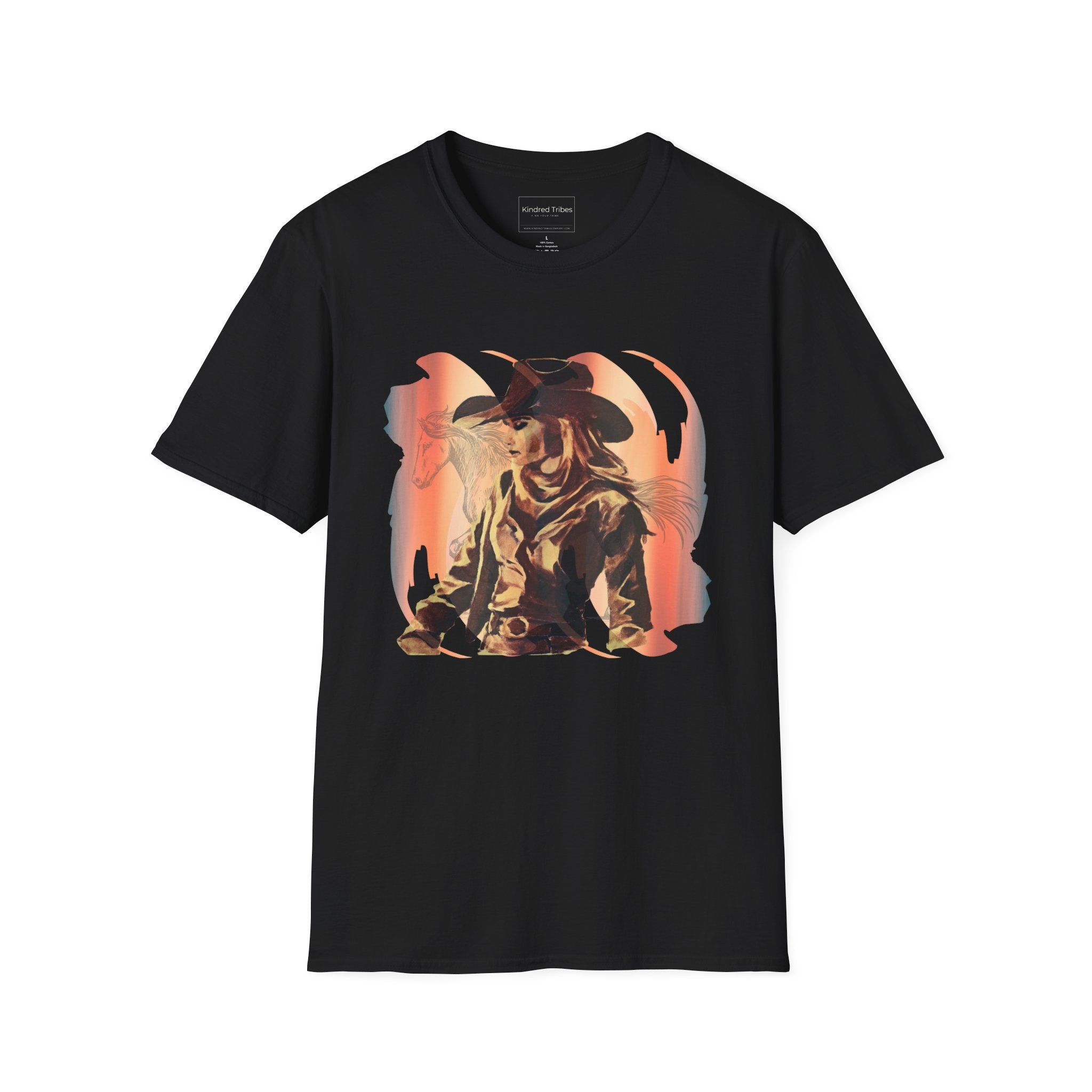 Cowgirl Sunset Shadow Rider T-Shirt - Vibrant Vintage Graphic Design