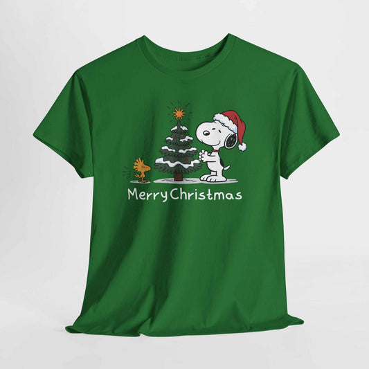 Green Snoopy & Woodstock Christmas T-shirt with festive tree and Santa hat design