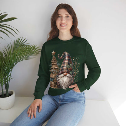 woman wearing rustic plaid Christmas gnome sweatshirt with festive gnome and tree design