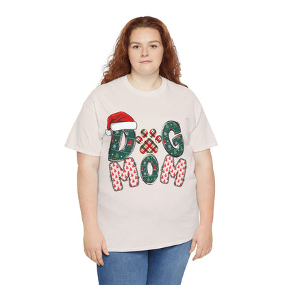 Plus size woman wearing a white Christmas Dog Mom Tee with festive holiday letters and Santa hat design