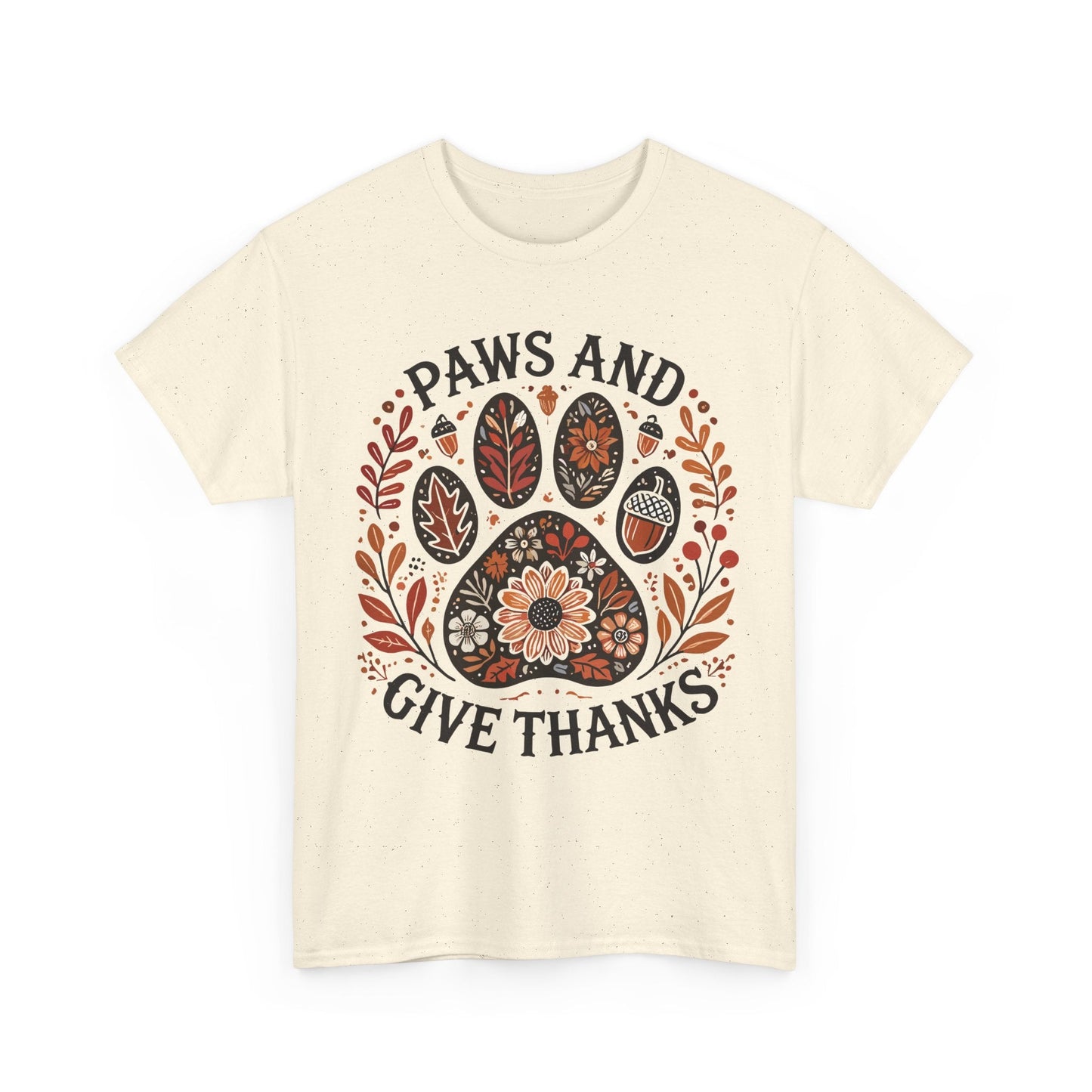 Paws and Give Thanks t-shirt with autumn paw print design featuring fall leaves and acorns on a cream heavyweight fabric