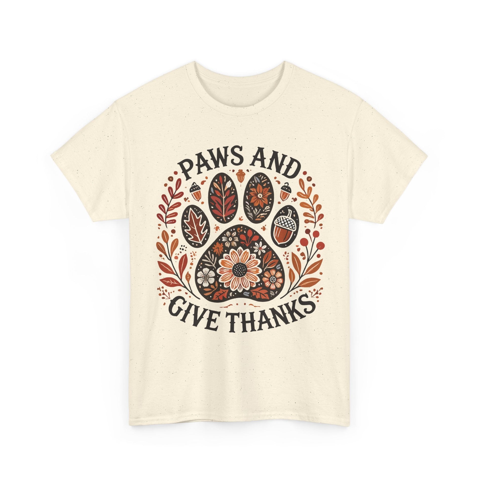 Paws and Give Thanks t-shirt with autumn paw print design featuring fall leaves and acorns on a cream heavyweight fabric