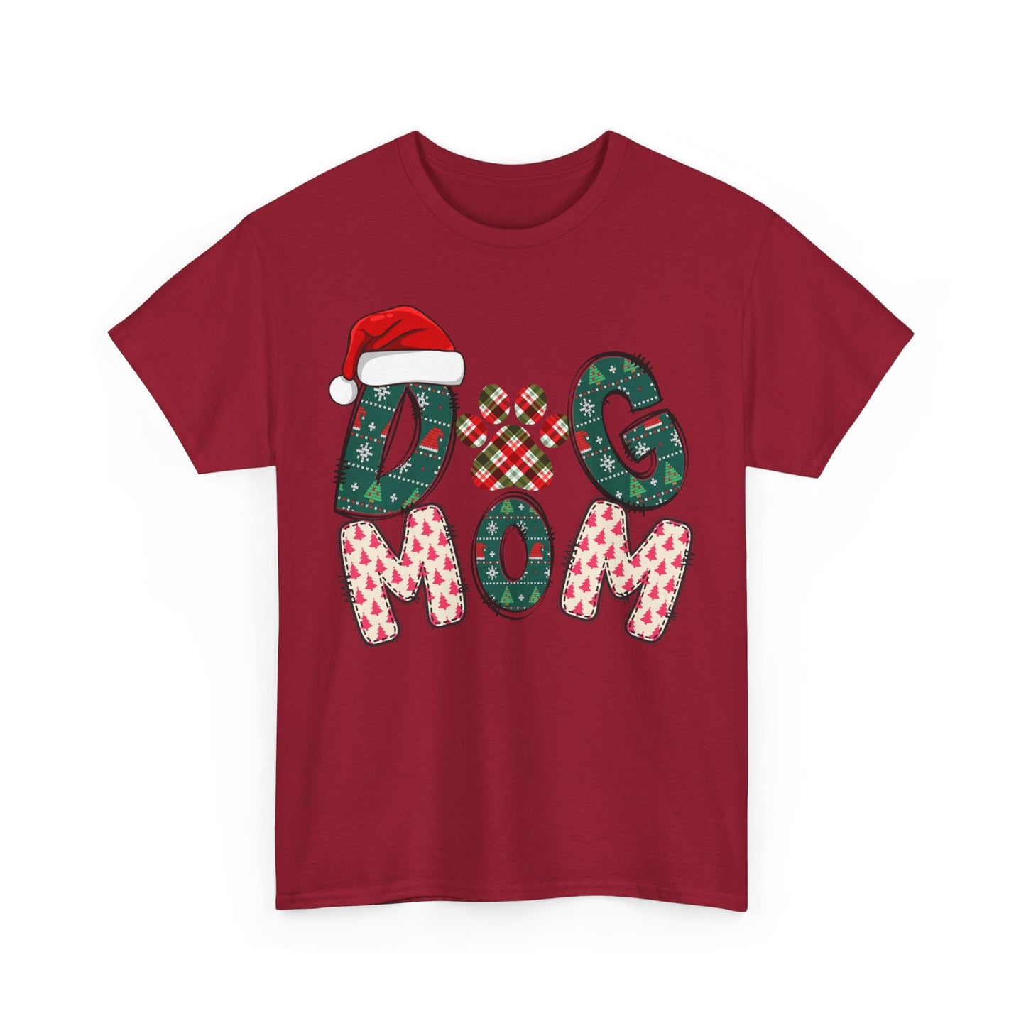 Red Christmas Dog Mom tee with festive patterned letters and Santa hat design, unisex heavy cotton shirt.
