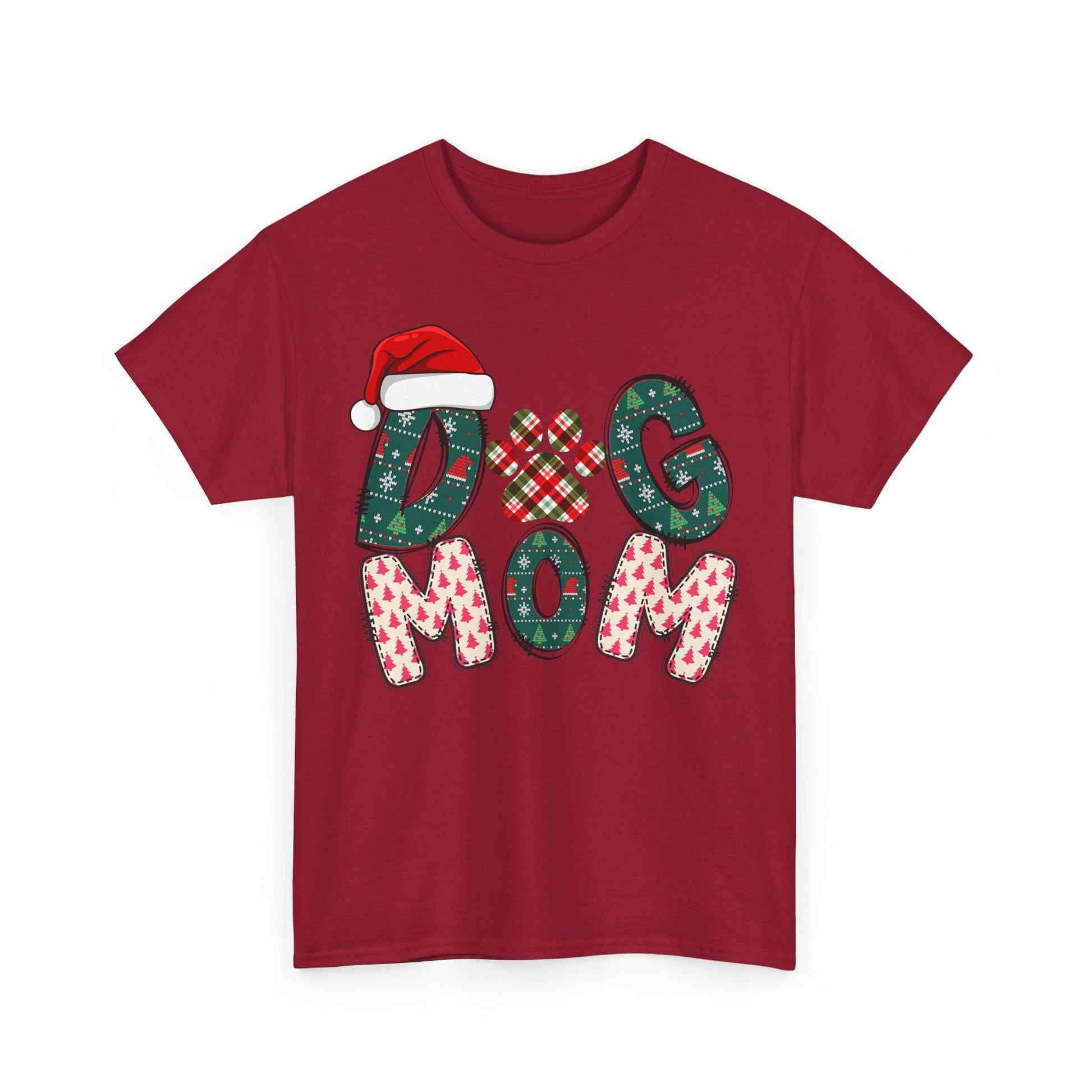 Red Christmas Dog Mom tee with festive patterned letters and Santa hat design, unisex heavy cotton shirt.