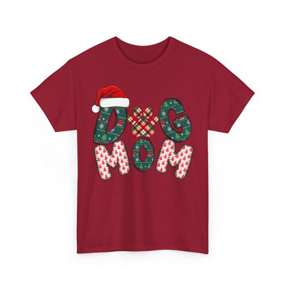 Red Christmas Dog Mom tee with festive patterned letters and Santa hat design, unisex heavy cotton shirt.