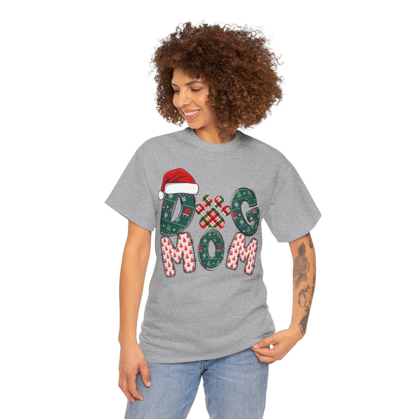 woman wearing gray Christmas Dog Mom Tee with festive lettering and Santa hat design